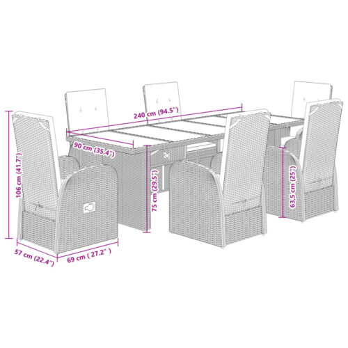 7-Piece Garden Dining Set with Cushions Grey Poly Rattan Wicker Outdoor Patio Furniture - Image 7