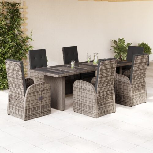 7-Piece Garden Dining Set with Cushions Grey Poly Rattan Wicker Outdoor Patio Furniture - Image 2
