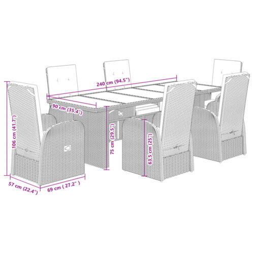 7-Piece Garden Dining Set with Cushions Grey Poly Rattan Wicker Outdoor Patio Furniture - Image 7
