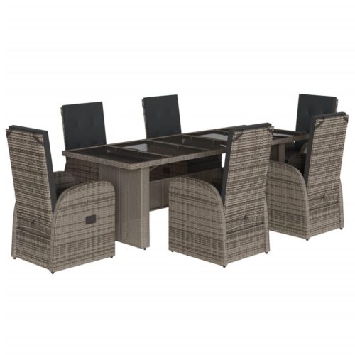 7-Piece Garden Dining Set with Cushions Grey Poly Rattan Wicker Outdoor Patio Furniture - Image 11