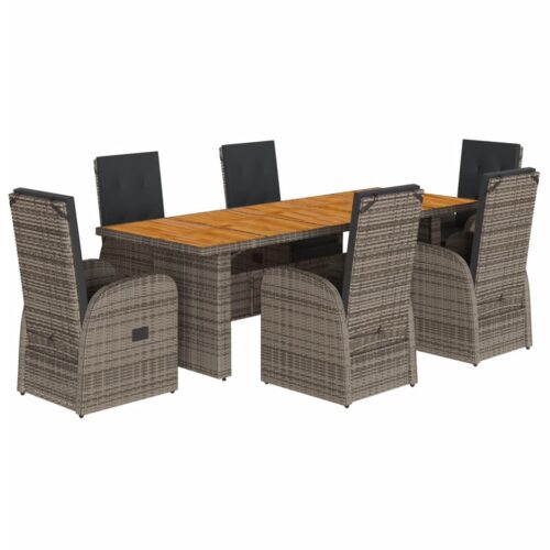 7-Piece Garden Dining Set with Cushions Grey Poly Rattan Wicker Outdoor Patio Furniture - Image 11