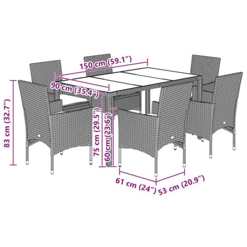 7-Piece Garden Dining Set with Cushions Light Grey Poly Rattan Wicker Outdoor Patio Furniture Glass - Image 7