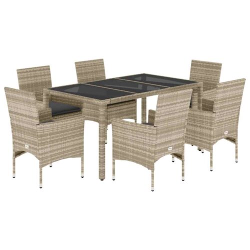 7-Piece Garden Dining Set with Cushions Light Grey Poly Rattan Wicker Outdoor Patio Furniture Glass - Image 11