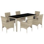 7-Piece Garden Dining Set with Cushions Light Grey Poly Rattan Wicker Outdoor Patio Furniture Glass