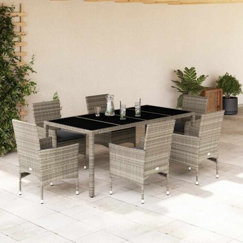 7-Piece Garden Dining Set with Cushions Light Grey Poly Rattan Wicker Outdoor Patio Furniture Glass - Image 2