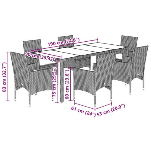 7-Piece Garden Dining Set with Cushions Light Grey Poly Rattan Wicker Outdoor Patio Furniture Glass - Image 7