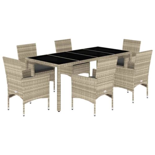 7-Piece Garden Dining Set with Cushions Light Grey Poly Rattan Wicker Outdoor Patio Furniture Glass - Image 11
