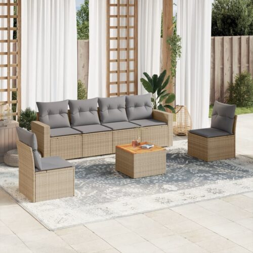 7-Piece Garden Sofa Set with Cushions Beige Poly Rattan Wicker Outdoor Patio Furniture - Image 2