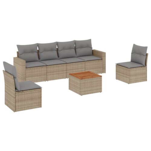 7-Piece Garden Sofa Set with Cushions Beige Poly Rattan Wicker Outdoor Patio Furniture - Image 5