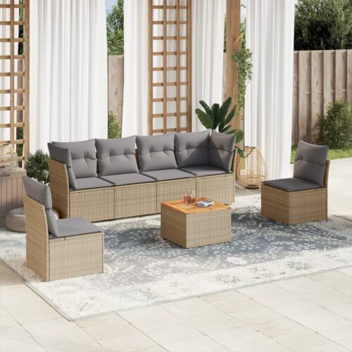 7-Piece Garden Sofa Set with Cushions Beige Poly Rattan Wicker Outdoor Patio Furniture - Image 2