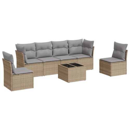 7-Piece Garden Sofa Set with Cushions Beige Poly Rattan Wicker Outdoor Patio Furniture