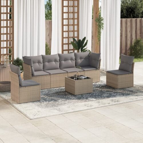 7-Piece Garden Sofa Set with Cushions Beige Poly Rattan Wicker Outdoor Patio Furniture - Image 2