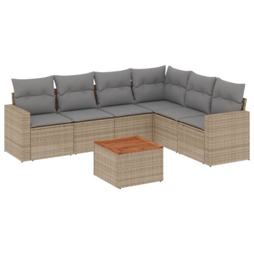 7-Piece Garden Sofa Set with Cushions Beige Poly Rattan Wicker Outdoor Patio Furniture