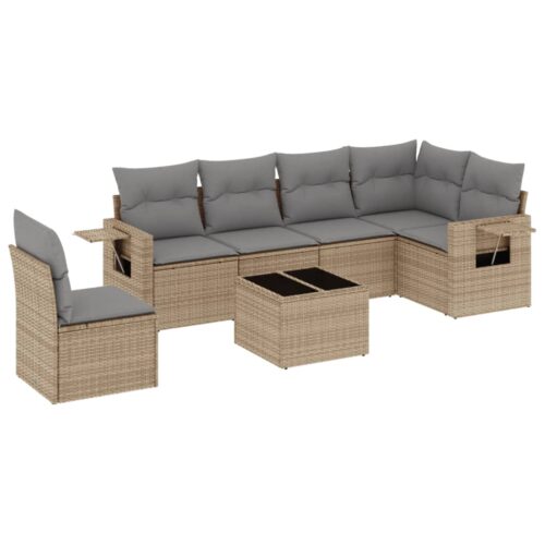 7-Piece Garden Sofa Set with Cushions Beige Poly Rattan Wicker Outdoor Patio Furniture