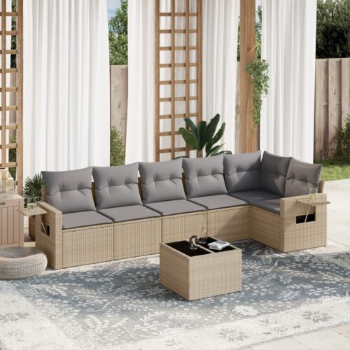 7-Piece Garden Sofa Set with Cushions Beige Poly Rattan Wicker Outdoor Patio Furniture - Image 2