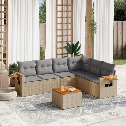 7-Piece Garden Sofa Set with Cushions Beige Poly Rattan Wicker Outdoor Patio Furniture - Image 2