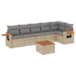 7-Piece Garden Sofa Set with Cushions Beige Poly Rattan Wicker Outdoor Patio Furniture