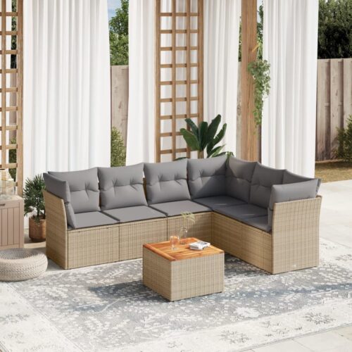 7-Piece Garden Sofa Set with Cushions Beige Poly Rattan Wicker Outdoor Patio Furniture - Image 2