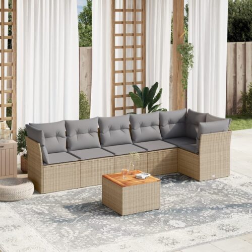 7-Piece Garden Sofa Set with Cushions Beige Poly Rattan Wicker Outdoor Patio Furniture - Image 2