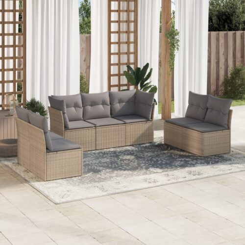 7-Piece Garden Sofa Set with Cushions Beige Poly Rattan Wicker Outdoor Patio Furniture - Image 2