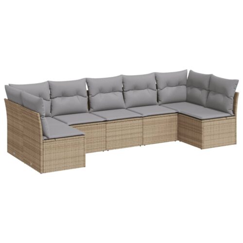 7-Piece Garden Sofa Set with Cushions Beige Poly Rattan Wicker Outdoor Patio Furniture