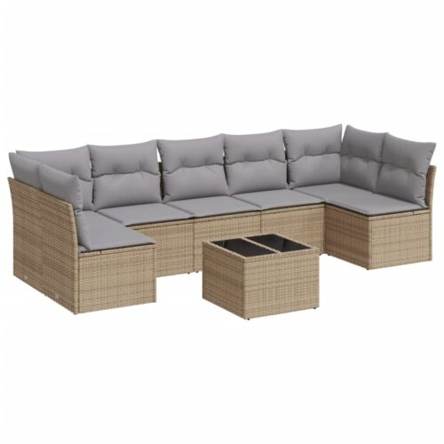 8-Piece Garden Sofa Set with Cushions Beige Poly Rattan Wicker Outdoor Patio Furniture