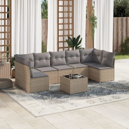 8-Piece Garden Sofa Set with Cushions Beige Poly Rattan Wicker Outdoor Patio Furniture - Image 2