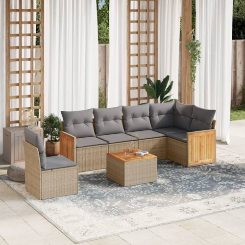 7-Piece Garden Sofa Set with Cushions Beige Poly Rattan Wicker Outdoor Patio Furniture - Image 2