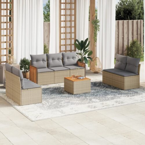 8-Piece Garden Sofa Set with Cushions Beige Poly Rattan Wicker Outdoor Patio Furniture - Image 2