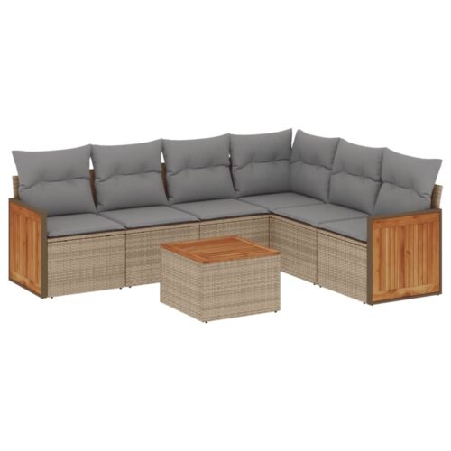 7-Piece Garden Sofa Set with Cushions Beige Poly Rattan Wicker Outdoor Patio Furniture