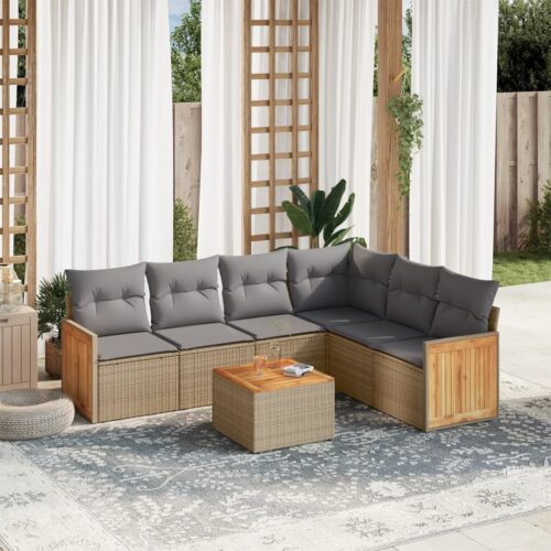7-Piece Garden Sofa Set with Cushions Beige Poly Rattan Wicker Outdoor Patio Furniture - Image 2