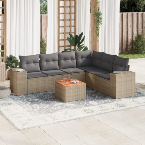 7-Piece Garden Sofa Set with Cushions Beige Poly Rattan Wicker Outdoor Patio Furniture - Image 2