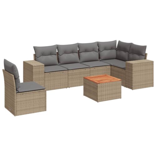 7-Piece Garden Sofa Set with Cushions Beige Poly Rattan Wicker Outdoor Patio Furniture