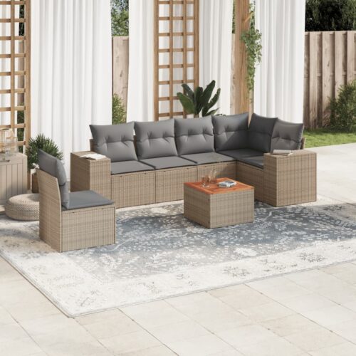 7-Piece Garden Sofa Set with Cushions Beige Poly Rattan Wicker Outdoor Patio Furniture - Image 2