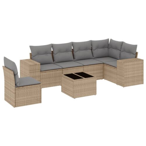 7-Piece Garden Sofa Set with Cushions Beige Poly Rattan Wicker Outdoor Patio Furniture - Image 14