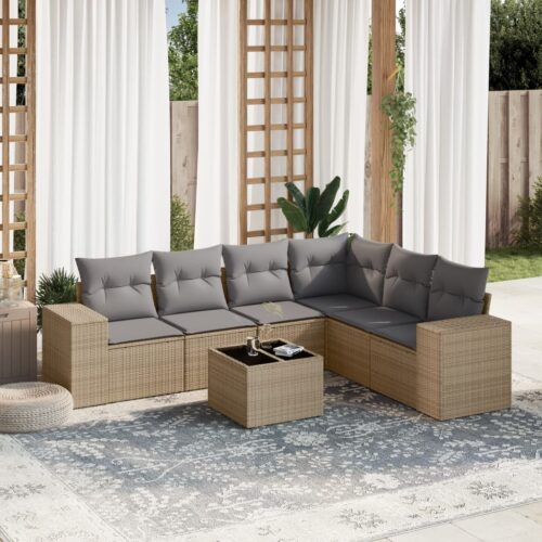 7-Piece Garden Sofa Set with Cushions Beige Poly Rattan Wicker Outdoor Patio Furniture - Image 2