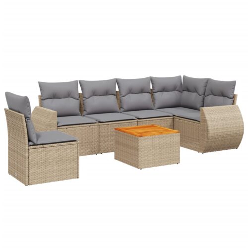 7-Piece Garden Sofa Set with Cushions Beige Poly Rattan Wicker Outdoor Patio Furniture