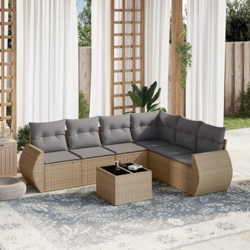 7-Piece Garden Sofa Set with Cushions Beige Poly Rattan Wicker Outdoor Patio Furniture - Image 2