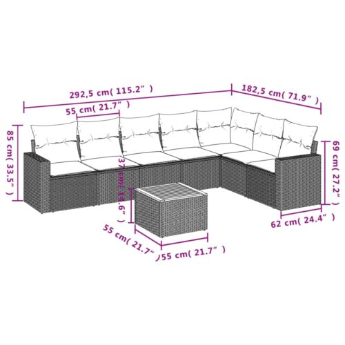 8-Piece Garden Sofa Set with Cushions Beige Poly Rattan Wicker Outdoor Patio Furniture - Image 3