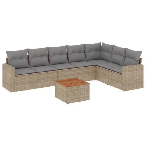 8-Piece Garden Sofa Set with Cushions Beige Poly Rattan Wicker Outdoor Patio Furniture - Image 5