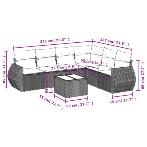 7-Piece Garden Sofa Set with Cushions Beige Poly Rattan Wicker Outdoor Patio Furniture - Image 8