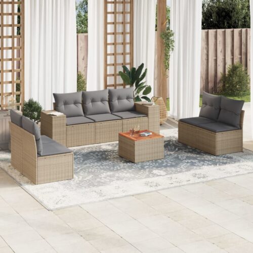 8-Piece Garden Sofa Set with Cushions Beige Poly Rattan Wicker Outdoor Patio Furniture - Image 2