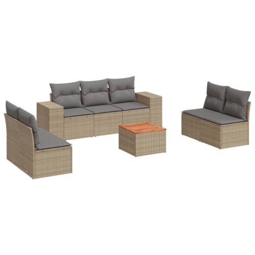 8-Piece Garden Sofa Set with Cushions Beige Poly Rattan Wicker Outdoor Patio Furniture - Image 5