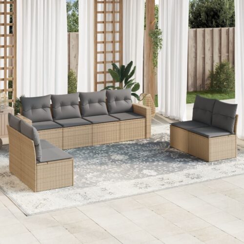 8-Piece Garden Sofa Set with Cushions Beige Poly Rattan Wicker Outdoor Patio Furniture - Image 2