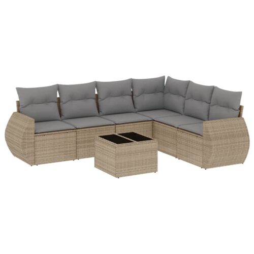 7-Piece Garden Sofa Set with Cushions Beige Poly Rattan Wicker Outdoor Patio Furniture - Image 14