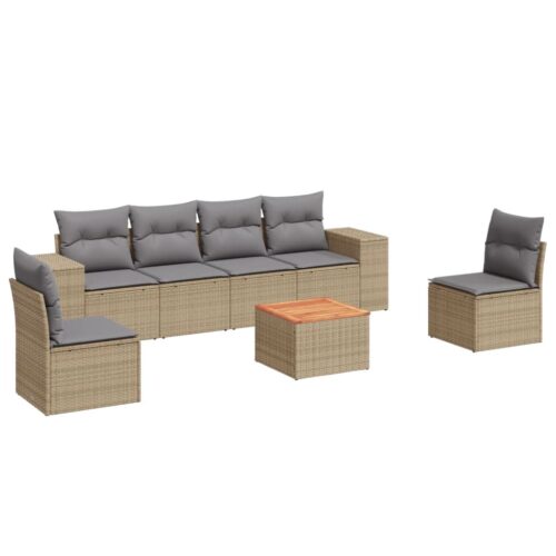 7-Piece Garden Sofa Set with Cushions Beige Poly Rattan Wicker Outdoor Patio Furniture