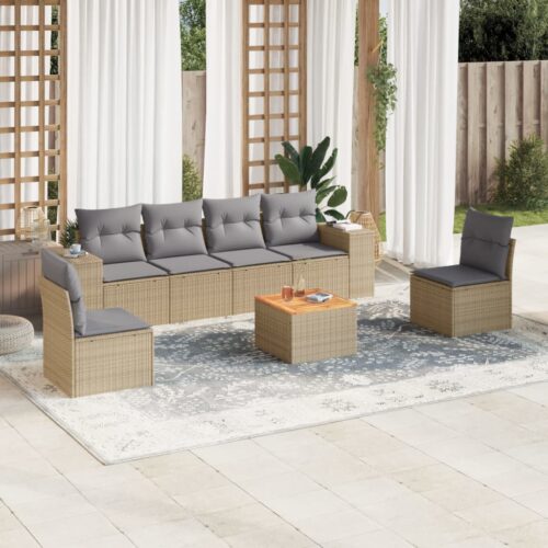 7-Piece Garden Sofa Set with Cushions Beige Poly Rattan Wicker Outdoor Patio Furniture - Image 2