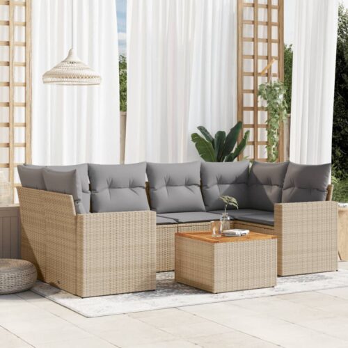 7-Piece Garden Sofa Set with Cushions Beige Poly Rattan Wicker Outdoor Patio Furniture - Image 2
