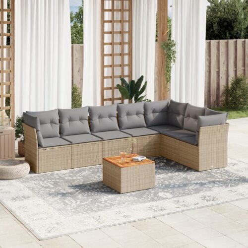 8-Piece Garden Sofa Set with Cushions Beige Poly Rattan Wicker Outdoor Patio Furniture - Image 2