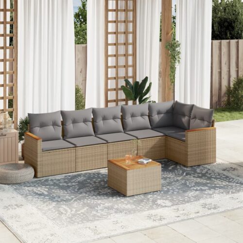 7-Piece Garden Sofa Set with Cushions Beige Poly Rattan Wicker Outdoor Patio Furniture - Image 2